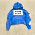Embroidered Patch Men Streetwear Rhinestone Hoodie Oversized Unisex Zip Up