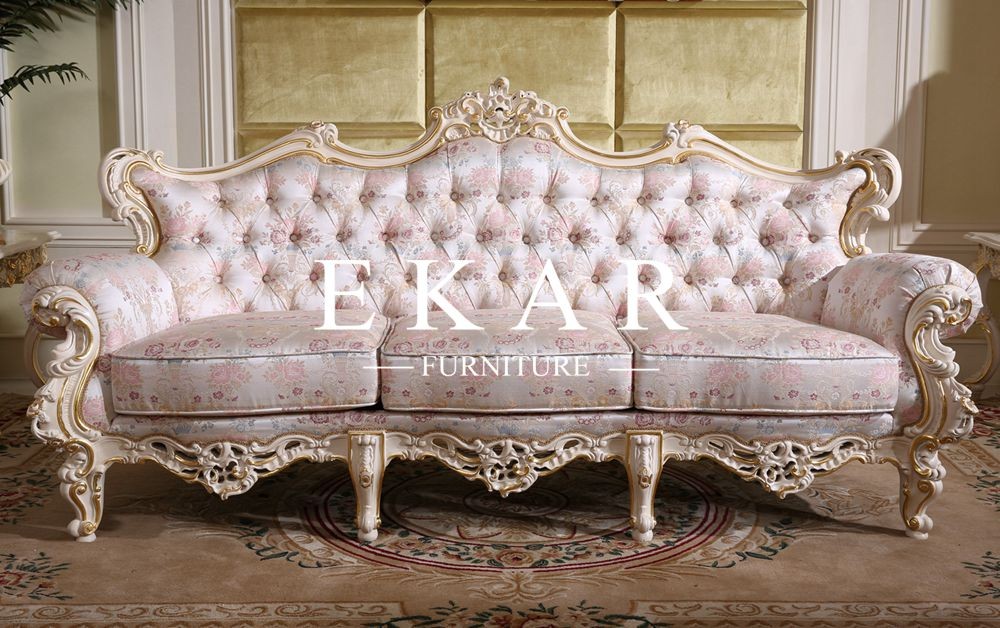 Luxury Antique Chesterfield French Carved Living Room Fabric Sofa LS-A115T