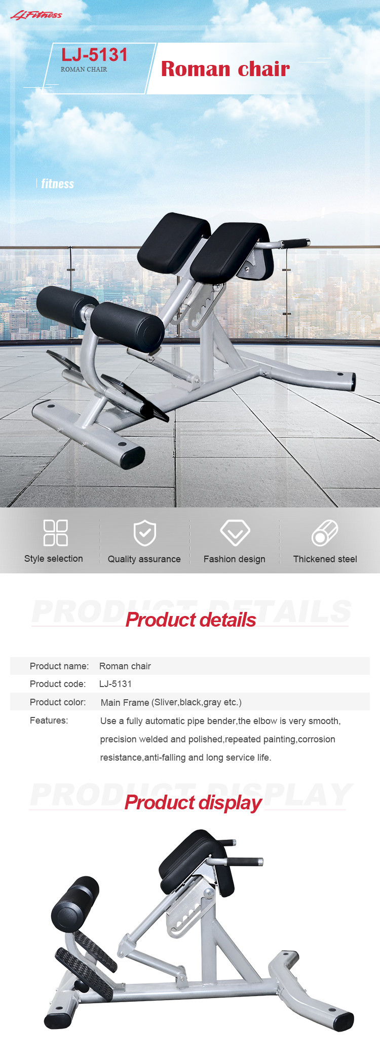 Sliver Color Commercial Gym Exercise Equipment Back Extension Roman Chair