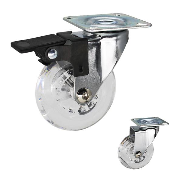 75mm Clear PU Furniture Casters Chrome Painted Soft Castors Swivel With Lock For