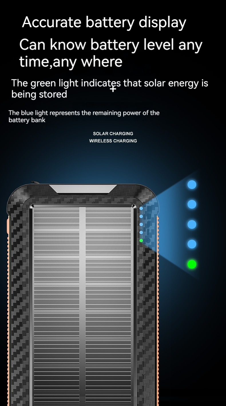 Li-Polymer Battery Solar Power Bank 10000mAh for iPhone 15 Wireless Charging and Outdoor