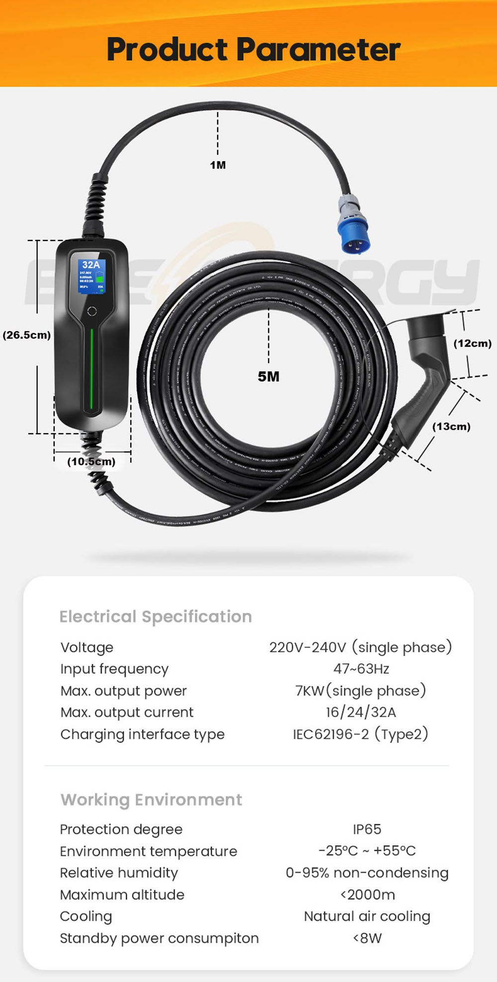 Electric Vehicle Car Charger EV Type 2 7KW Current 32A Portable CEE Plug 220V