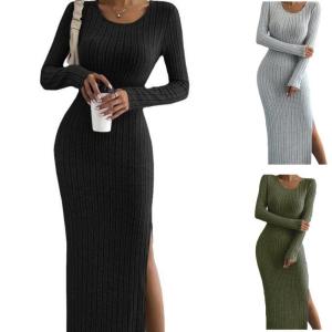 China 2024 Autumn and Winter New Long sleeved Round Neck Split Knitted Long Dress for Women wholesale