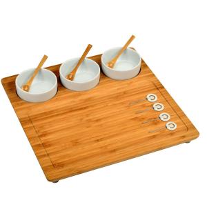 China Eco-friendly Bamboo Cheese Board Includes 3 Ceramic Bowls Spoons and Cheese Markers wholesale