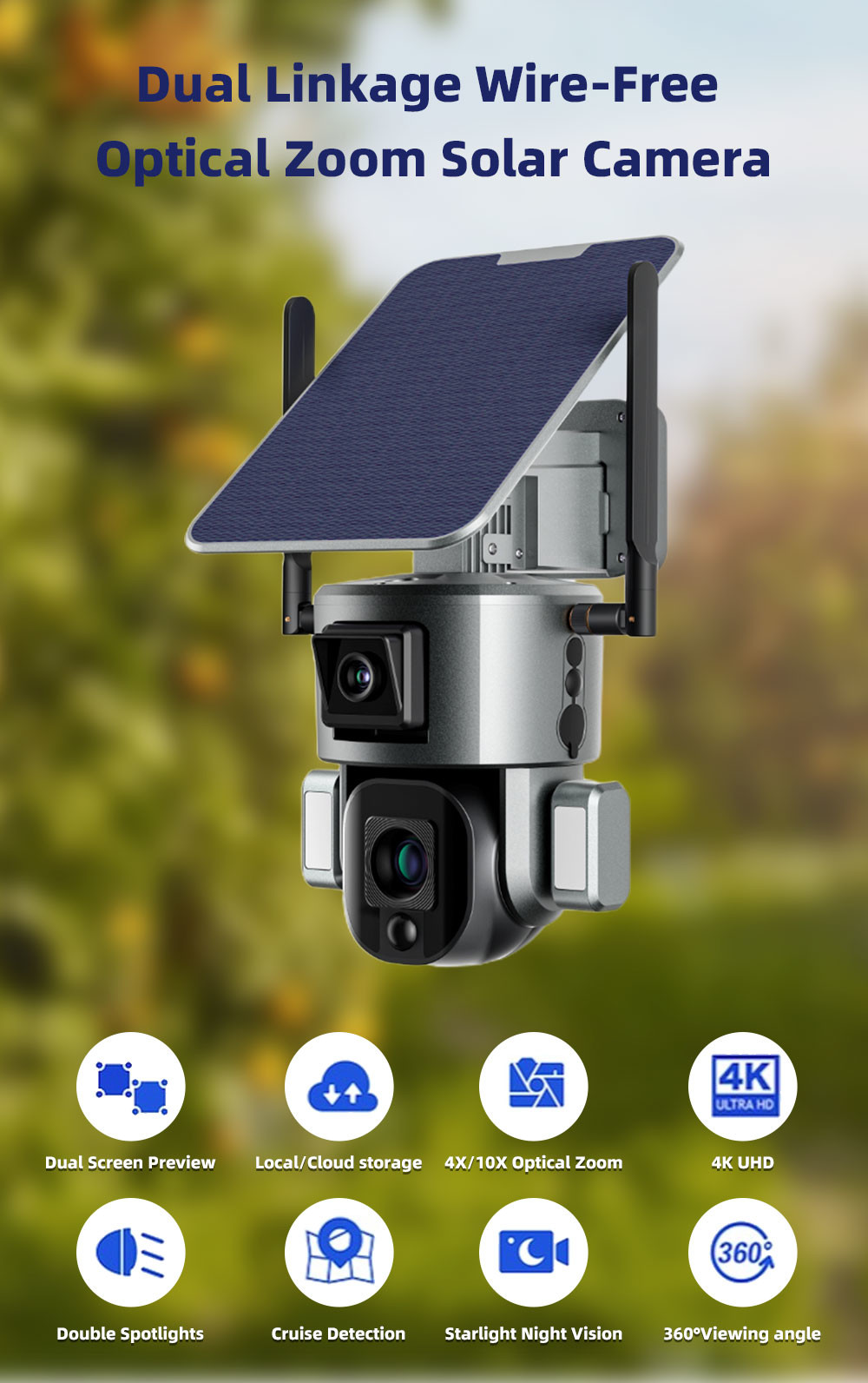 40M Night Vision WiFi Solar Security Camera 4K Dual Lens 10X Optical Zoom