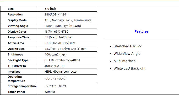 6.9 Inch 280x1424 IPS Full Angle MIPI DSI Interface TFT LCM Stretched Bar LCD Screen