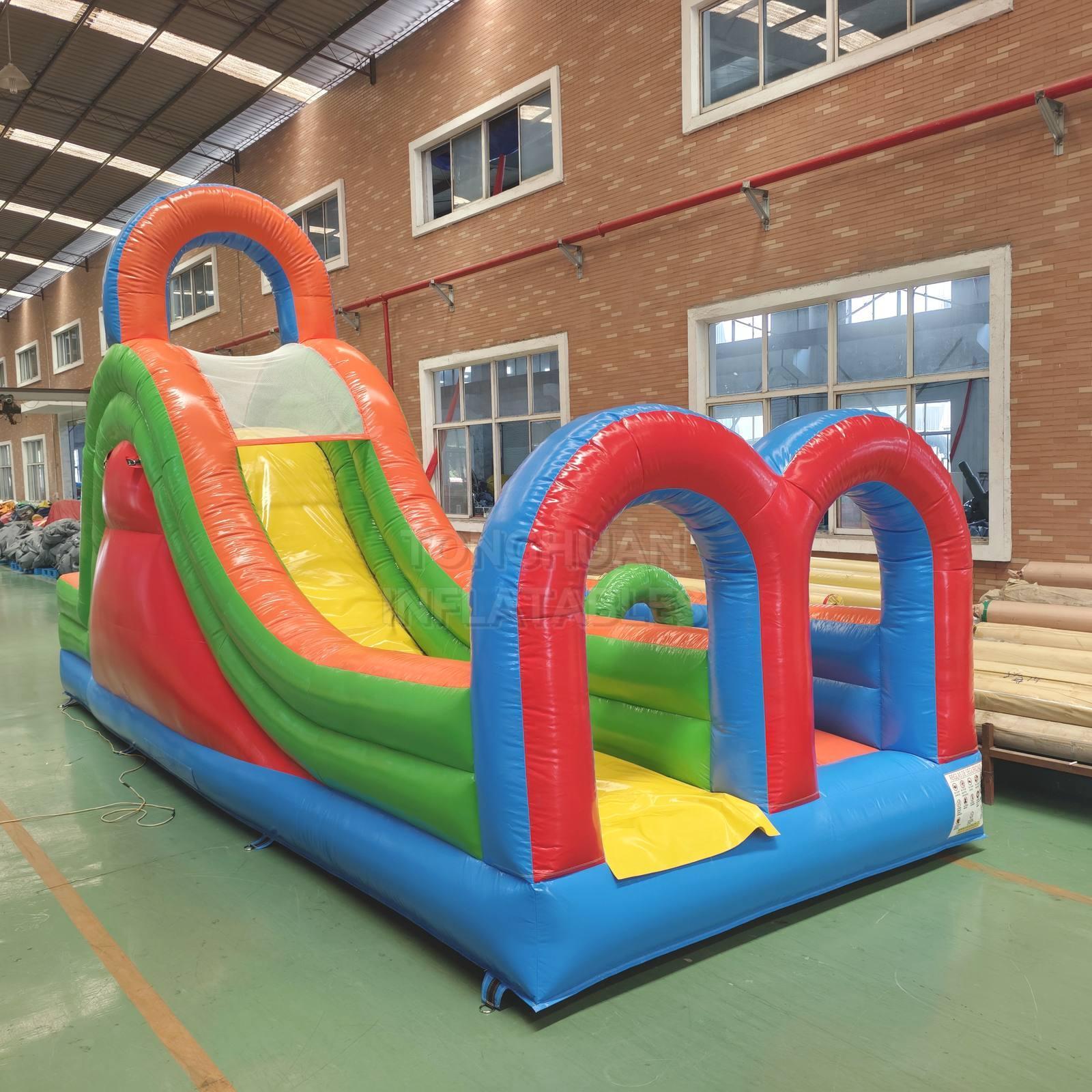 Colorful Compact Inflatable Obstacle Course with Entrance Arches Climbing Slide and Safety Mesh for Schools Events and Rental Business