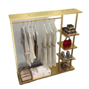 China Luxury Retail Store Display Fixtures Shelves Gold Clothing Metal Clothing Rack Wheels wholesale