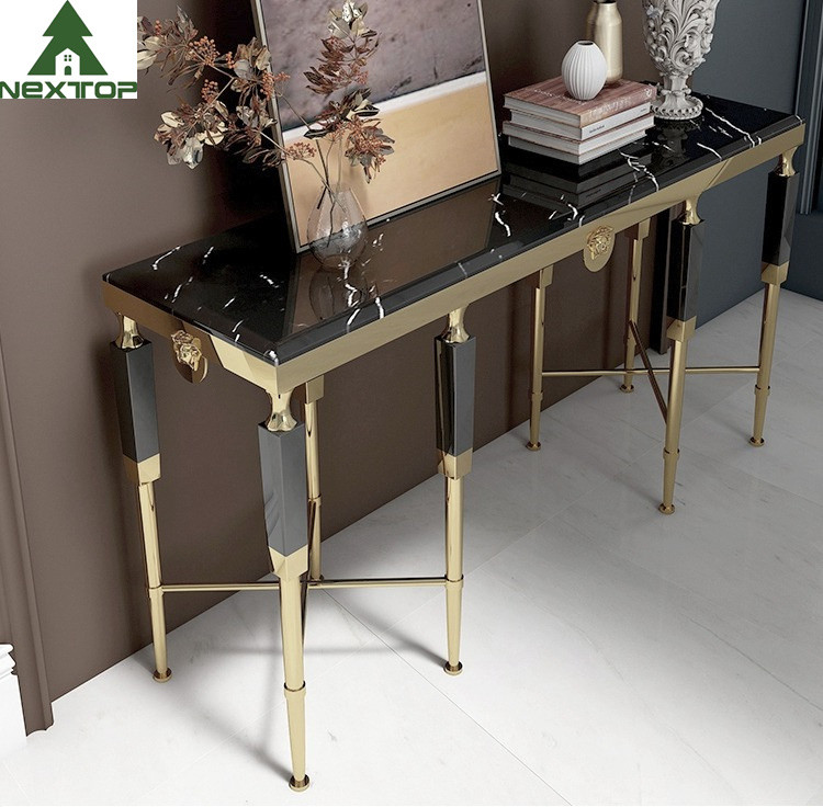 Modern Luxury Hotel Furniture Gold Stainless Steel Marble Decorative Console Entryway Table