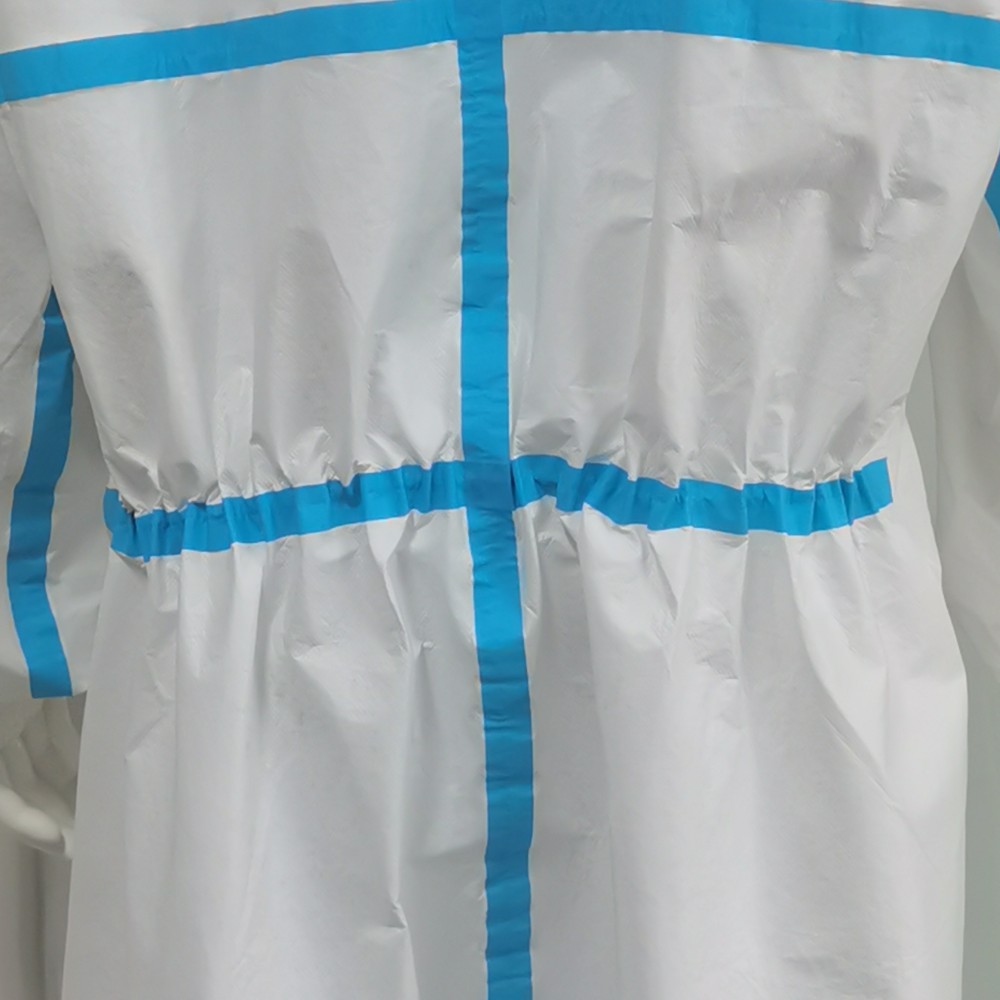 EN14126 Type 4 5 6 Certificate Microporous Hooded Coverall With Blue Strip 175 X 140cm