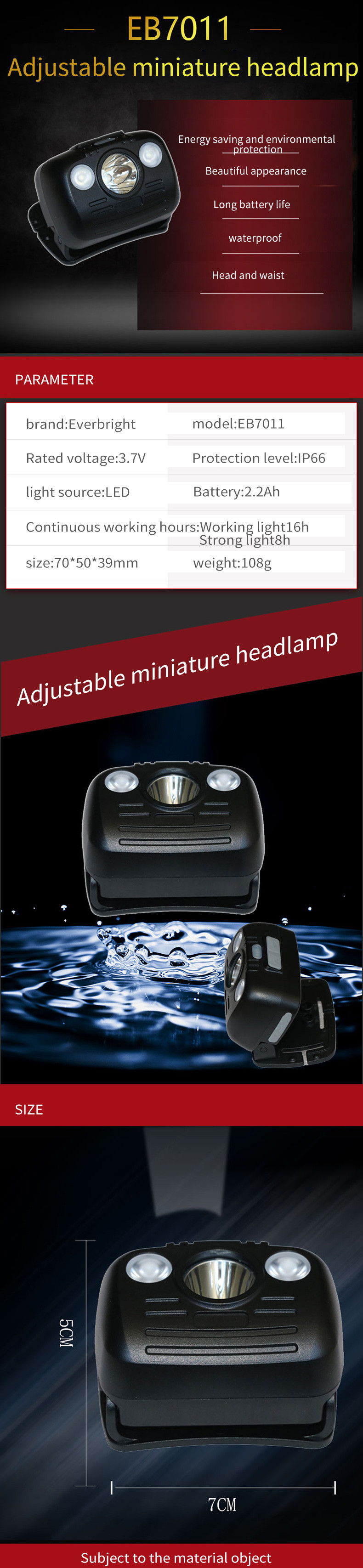 Small Size Rechargeable Led Headlamp Flashlight IP66 Waterproof