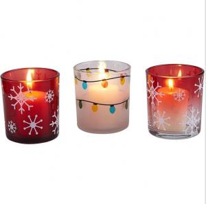 China Red Christmas glass votive candle holder with white snow for Christmas decor ornament on sale