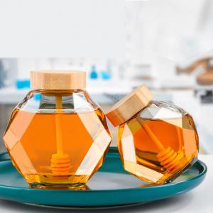 China 300ml Customized Hexagon Glass Honey Jars with Cork Sealing Type and Wooden Dipper wholesale