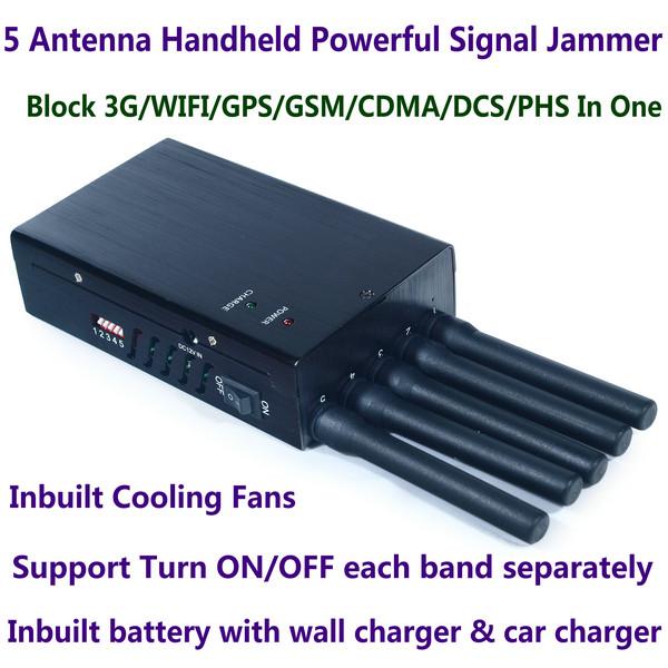 Quality 5 Antenna Handheld Cell Phone 3G WIFI GPS GSM CDMA DCS PHS Signal Jammer 20M Shield Radius for sale