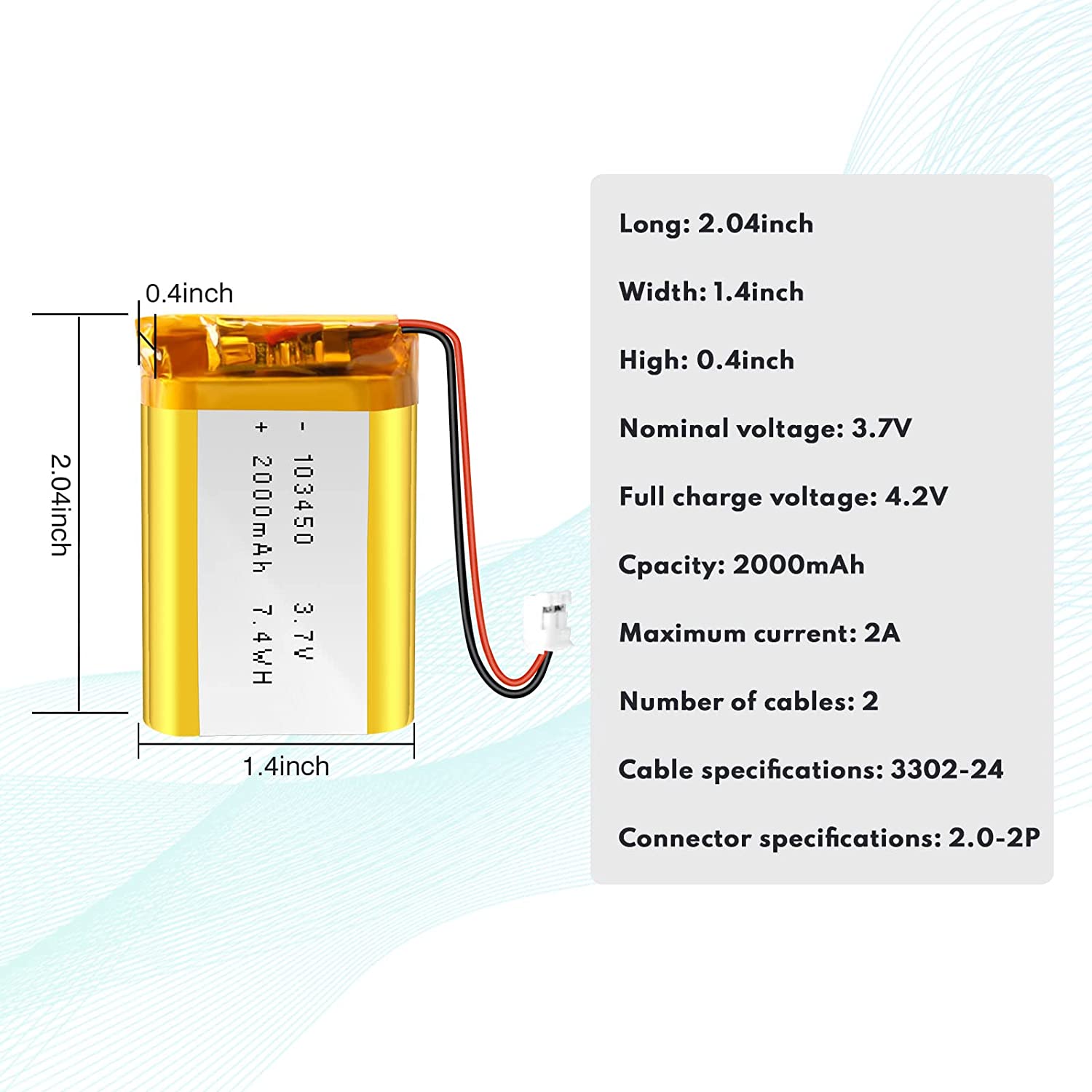 103450 3.7V Lithium Ion Polymer Battery 57g Rechargeable Li Ion Battery 2000mAh