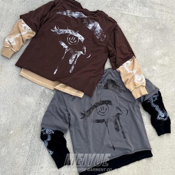 Custom DTG Print Logo Double Layer Waffle Long Sleeve 100% Cotton Tshirt