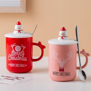 China New Festival Mug Christmas Round Santa Claus Lid Stainless Steel Spoon Elk Pattern Ceramic Mug With Cover wholesale