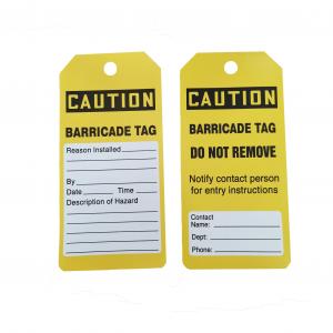 China PVC Caution Barricade Tag Do Not Remove 6X3 Plastic Hang Tag Box Of 100 Black Yellow on sale