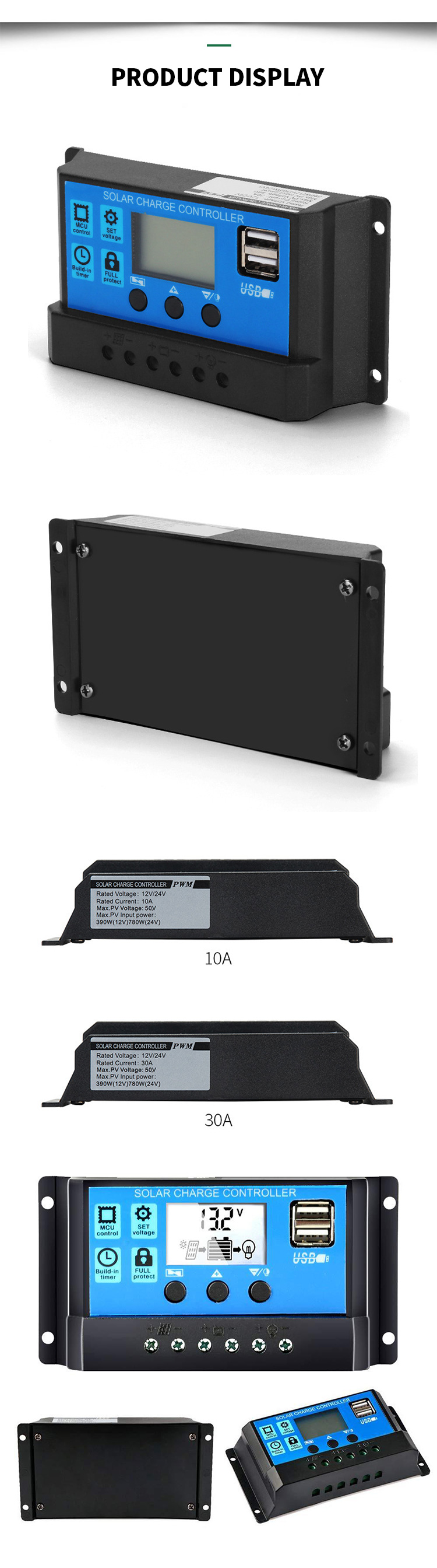 12V/24V PWM Solar Charge Controller Lithium Battery Solar Charge Controller 30A