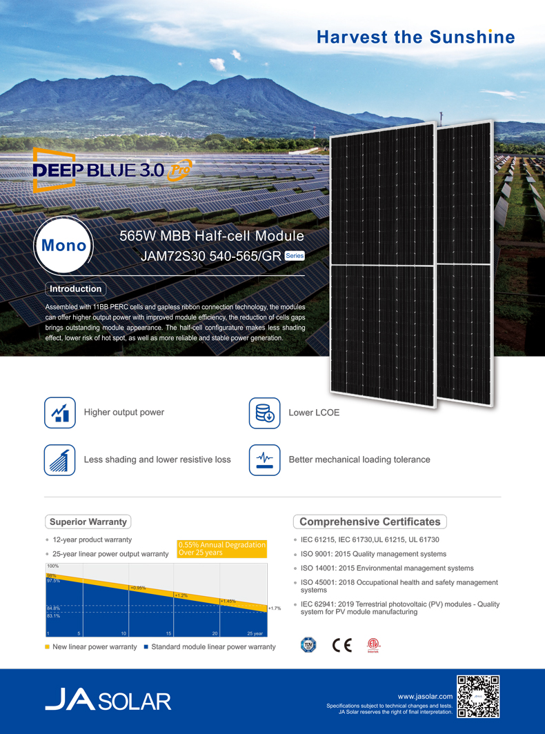 Ja Pv Module Mbb Half Cell Solar Panels Perc Jam72s30 540-565/Gr High Efficiency 545w 540w