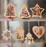 Wooden hanging star heart tree bell pendant decoration for christmas party