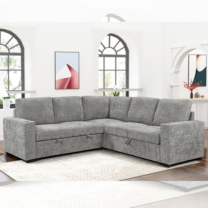 L-Shaped Sectional Sleeper Sofa with Pull Out Bed and Storage Sofa and Cup holders, Gray Fabric