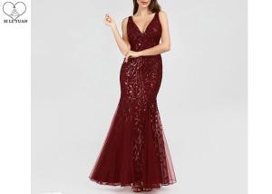 China Embroidery Sequins Sparkly Burgundy Bridesmaid Dresses V Neck Tulle Fishtail wholesale