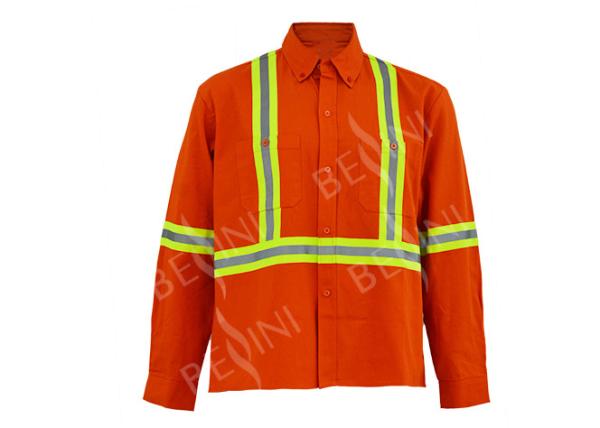 Men's 100%Cotton Twill Orange Work Shirt Long Sleeve Reflective Tape Chest