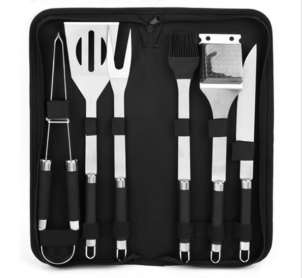 BBQ Tools Set With Rollbag 6PCS Barbecue Tool With Soft Handle Black Color For Outdoor Tool