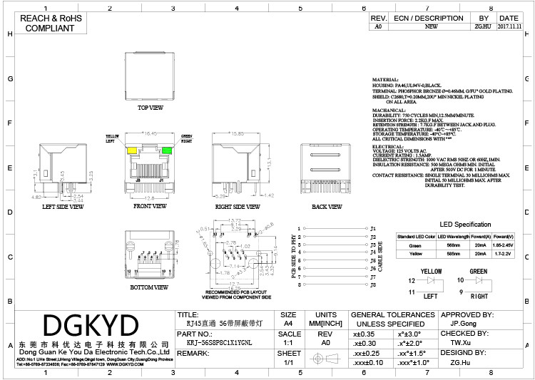 KRJ-56S8P8C1X1YGNL 8P8C Shielded Connector Without Filter