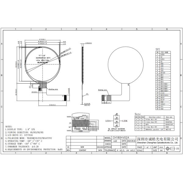 1.8 Inch IPS TFT LCD Display Screen 360*360 Resolution Module Interface SPI/MCU/RGB