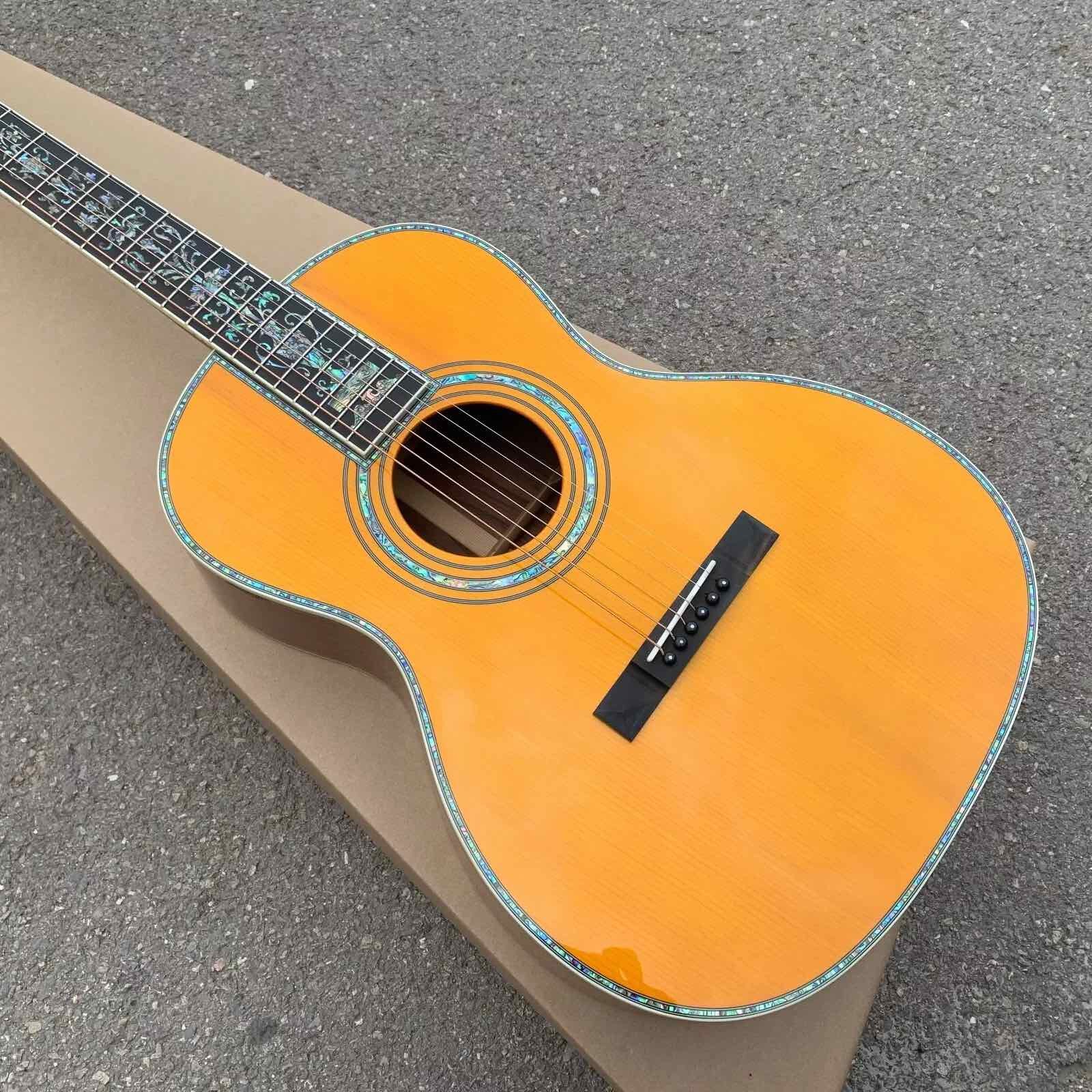 Yellow Painting Solid Spruce Top 39 Inch 000 Type Acoustic Guitar Abalone Ebony Open Headstock