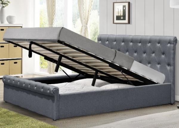 Diamond Buttons Gas Lift Storage Bed Double Size Grey Linen Ottoman Bed BSCI