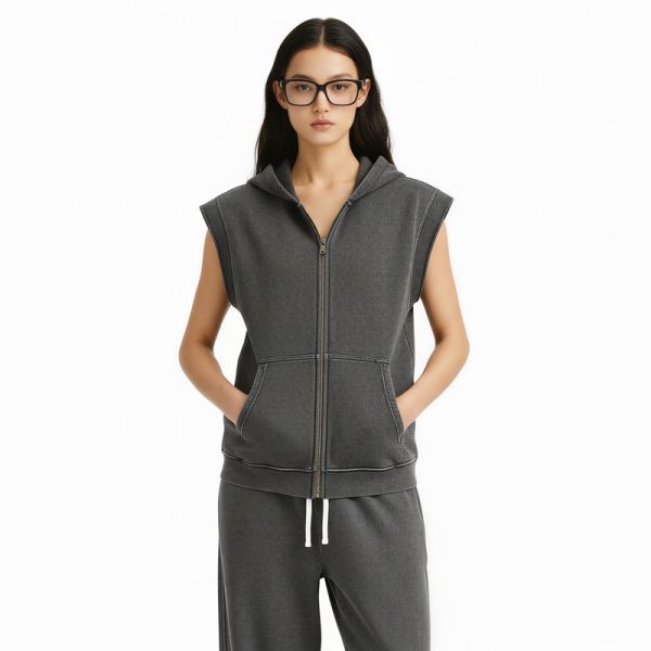 Retro Winter Washed Stir Fried Snowflake Distressed Effect Zipper Loose Edge Shoulder Mouse Bag Heavyweight Hoodie Hooded Vest
