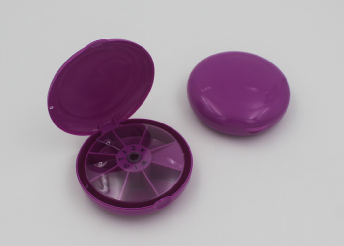 Purple Double Cap Round Pill Box With Seven Compartments / Travel Pill Holder
