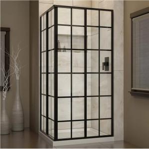 China Corner 3 Panel Sliding Tempered Glass Wall With Black Framed Silk Pringint wholesale