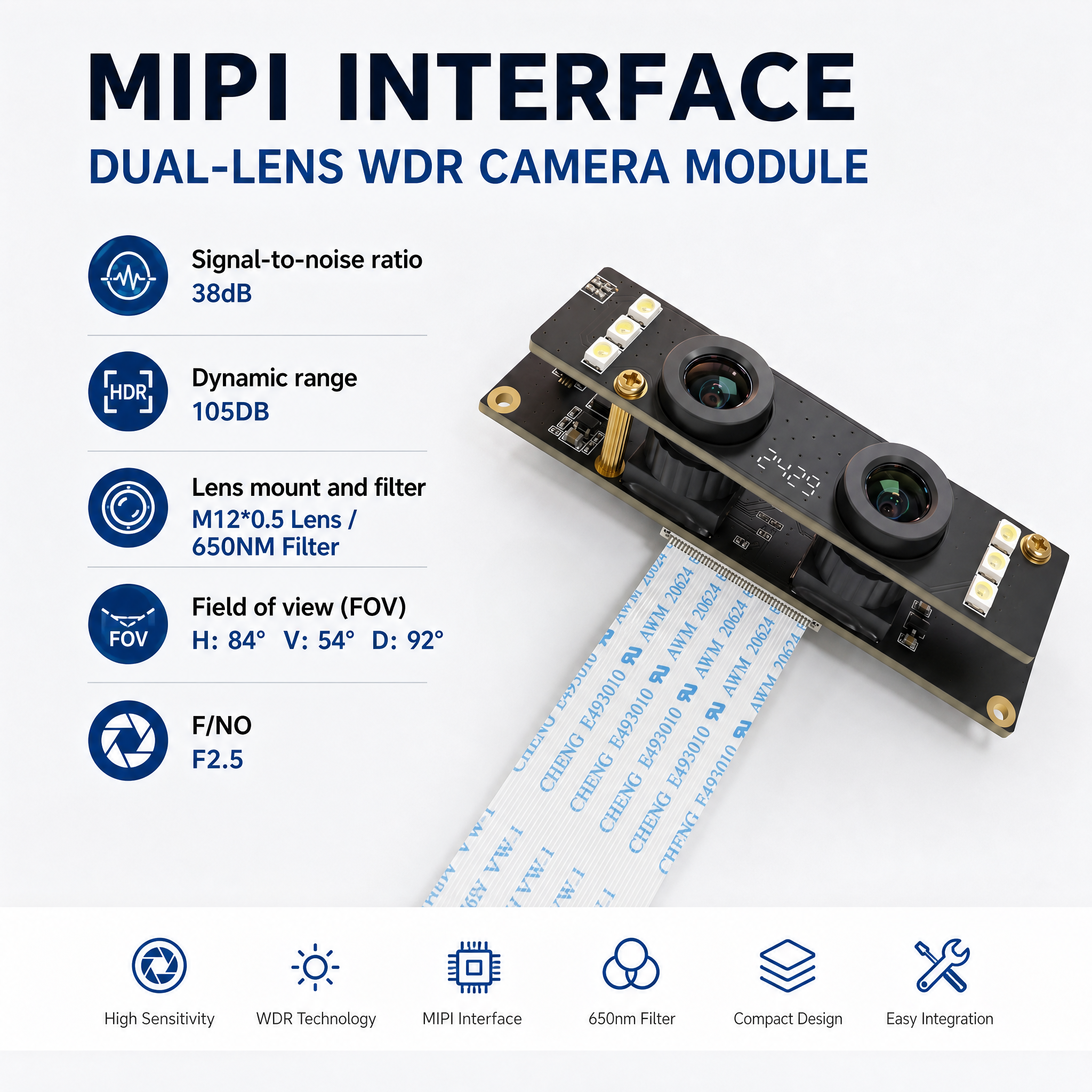 JP-ZI16-90 REV2.0 Dual-Lens 2MP MIPI Wide Dynamic Range Camera Module