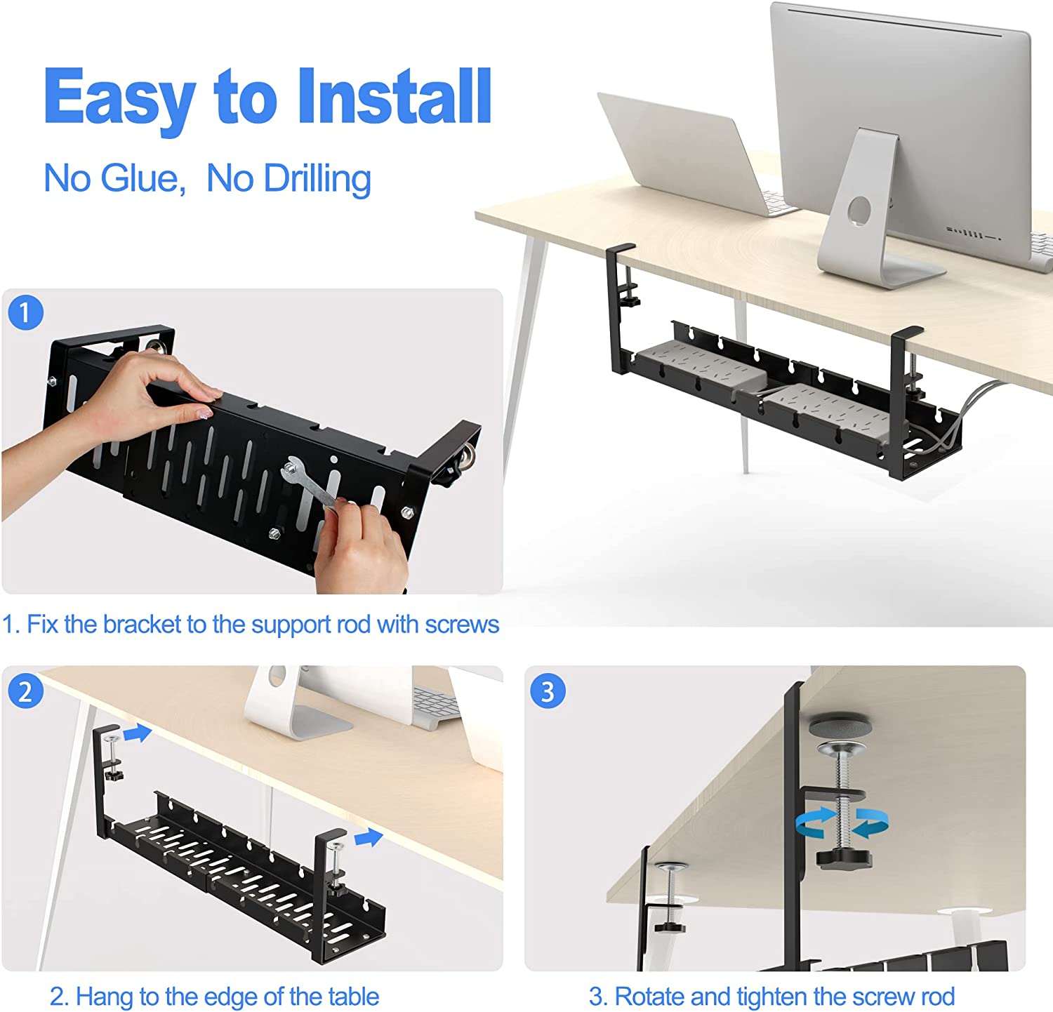 Metal Type Iron Cable Tray No Drill No Screws Perfect for Desk Wire Organization