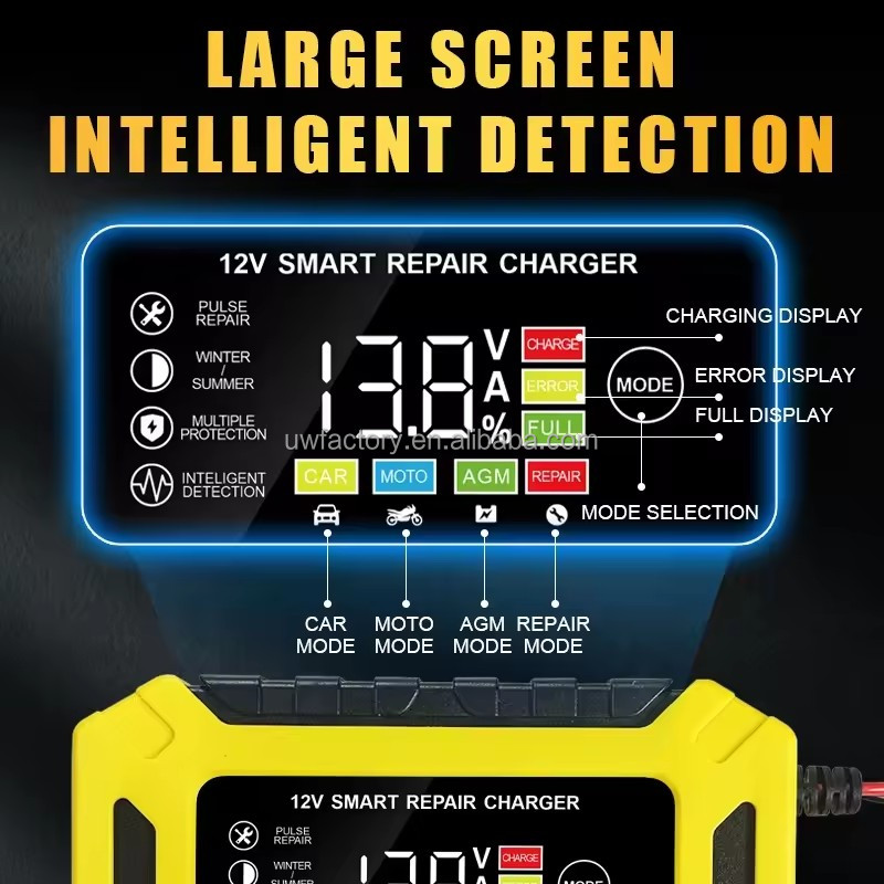 FCP 4ah-100ah Battery Pulse Repair Maintainer Trickle Charger with 7 Stages CC CV Smart LCD Display Output 12V/24V