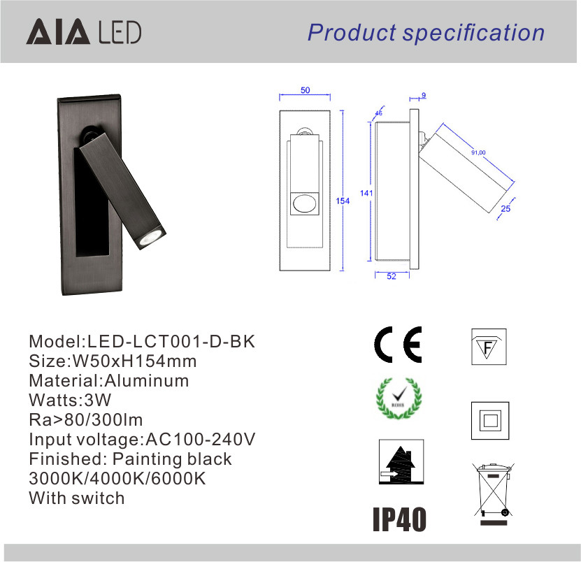 Rotating Recessed mounted bed sides light 3W led bed lighting reading light bed head wall lamp