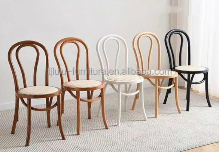 Solid Wood Retro Curved Backrest Rattan Seat Dining Chair in Black/White/Walnut/Light Walnut Color for Home Furniture
