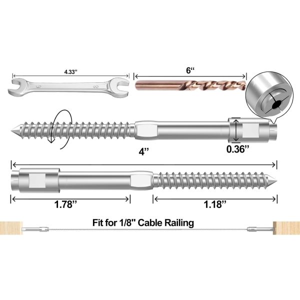 Stainless Steel Non-Drooping Hand Threaded Cable Railing Kit for Easy Installation on Wooden Columns
