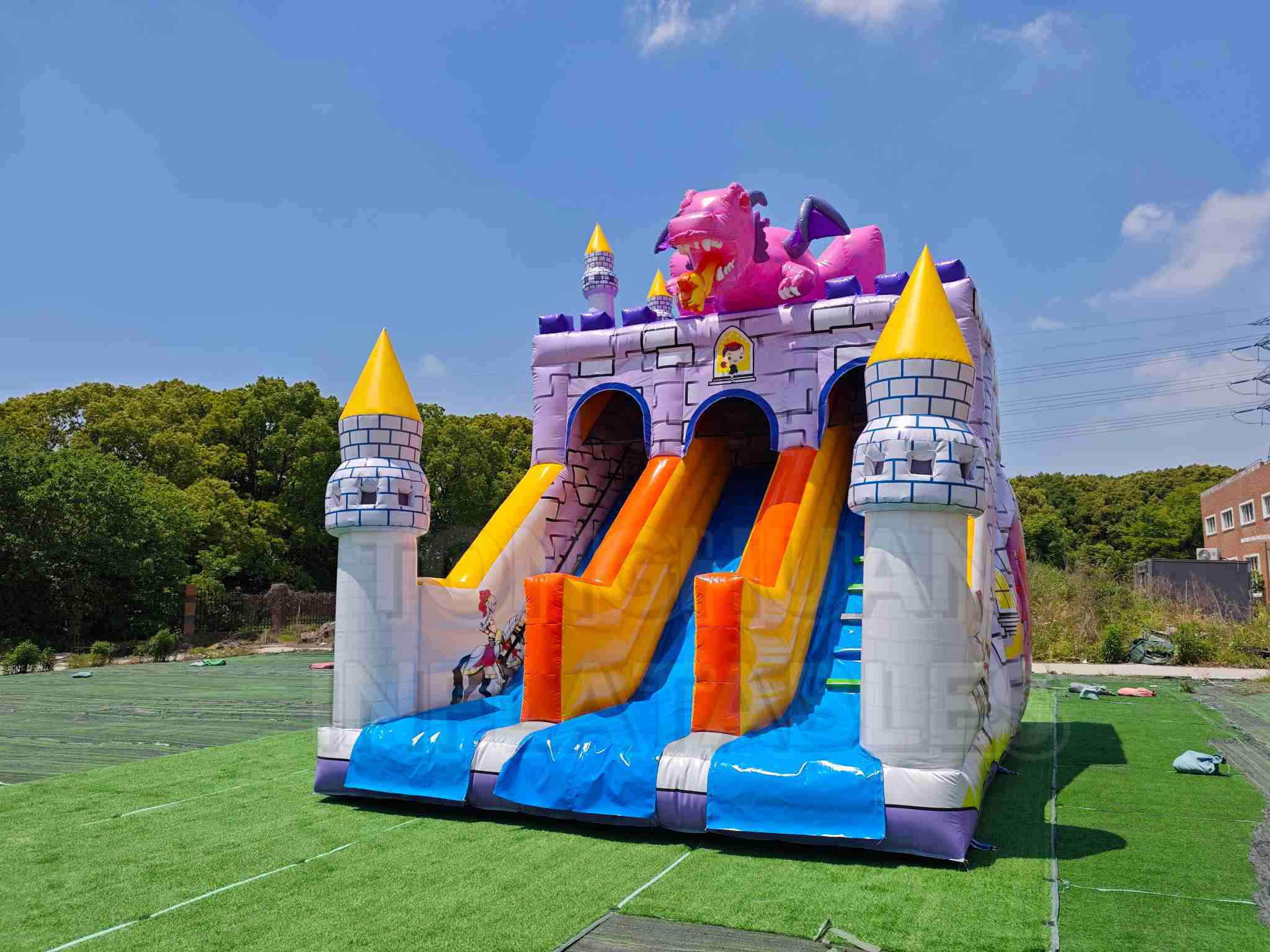 Custom Dragon Castle Inflatable Slide with Dual Lanes Climbing Wall and Tower Design for Kids Party Rental School Carnival and Outdoor Event Projects
