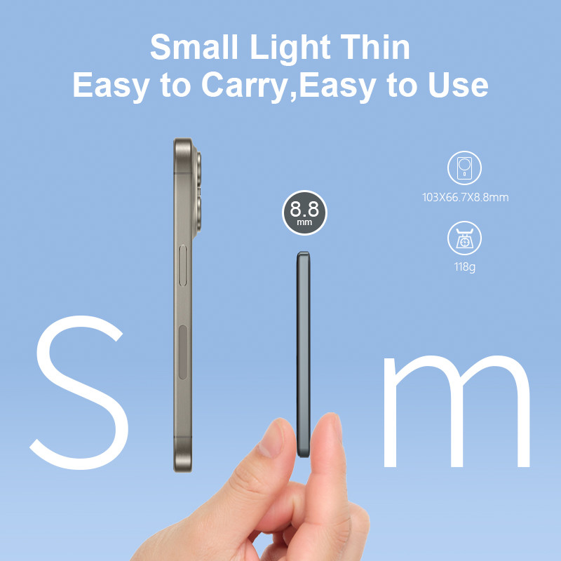 Magnetic Power Bank with 5W/7.5W Wireless Output Blue White Absorption 5000mAh Capacity