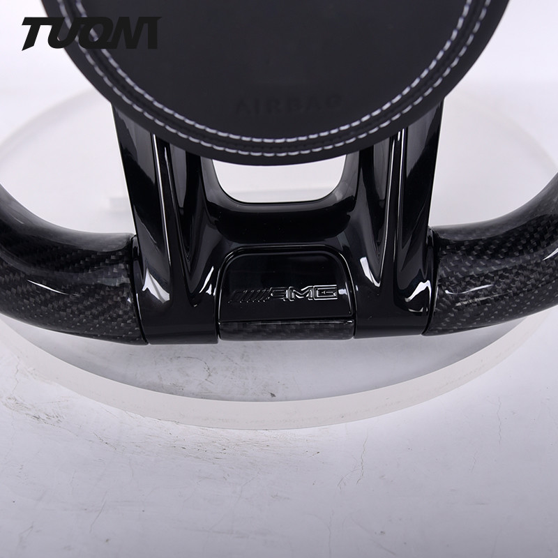 White Stripe Black Perforated Leather Mercedes Steering Wheel Carbon Fiber