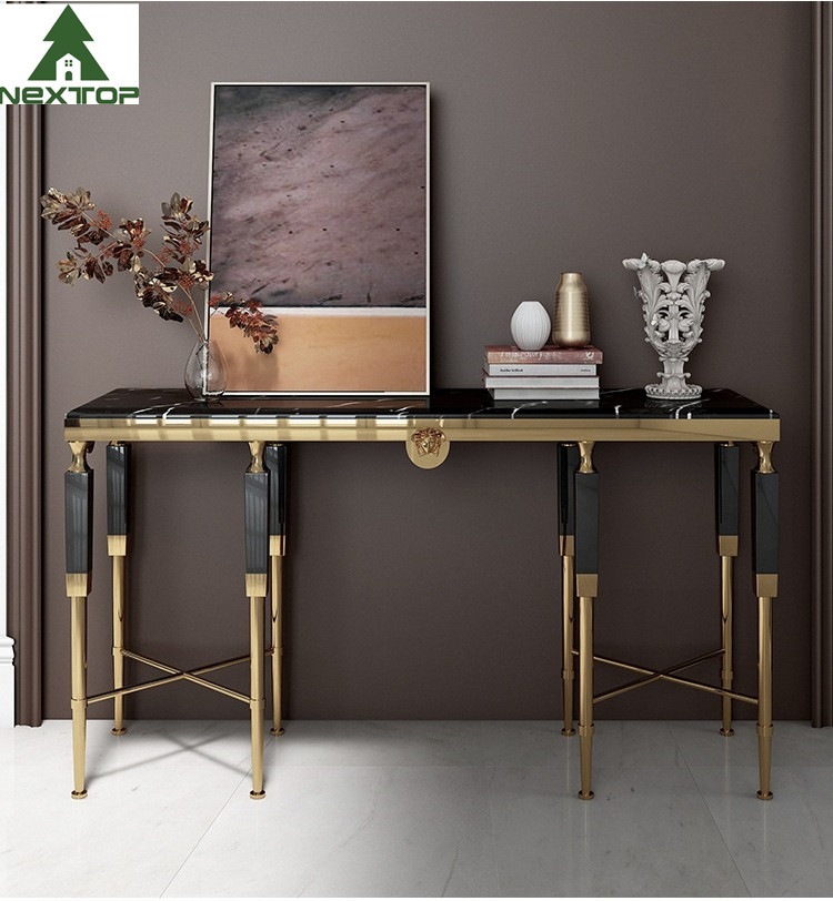 Modern Luxury Hotel Furniture Gold Stainless Steel Marble Decorative Console Entryway Table