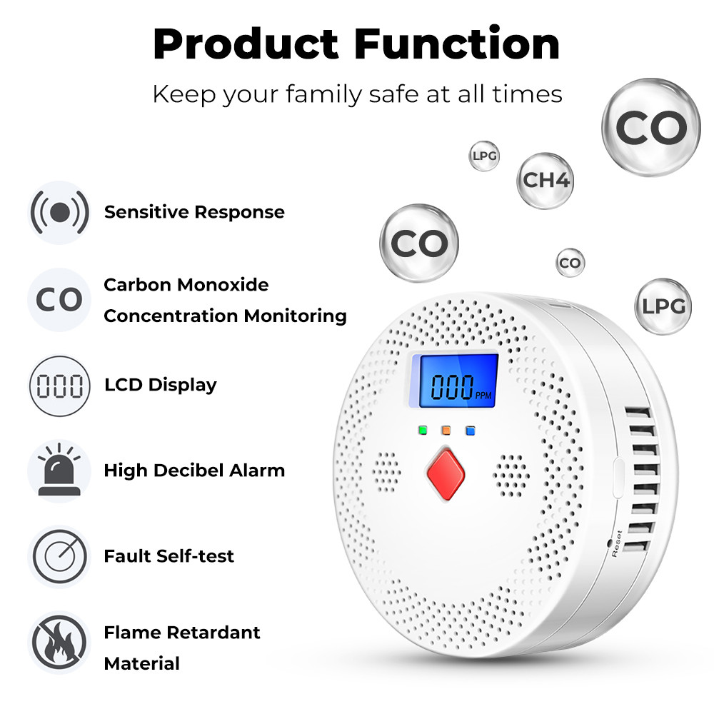 Tuya Wifi Carbon Monoxide Detector Smart Air Quality Monitor CO Sound Light Alarm Detector LCD Digital Display Home Air Quality Tester