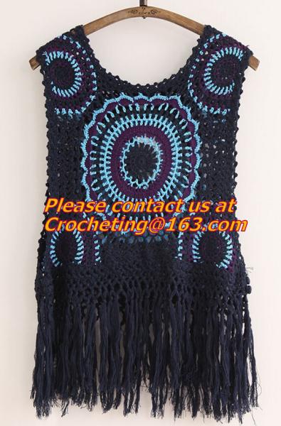 Mori Gilet Women Navy Blue Beige Fringe Crochet Vest Femme Knitted Hollow Out