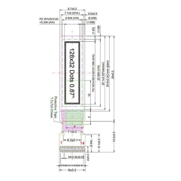 0.87 Inch I2c Oled Display Small Oled Screen 128*32 Resolution 14 Pins Driving IC SSD1316