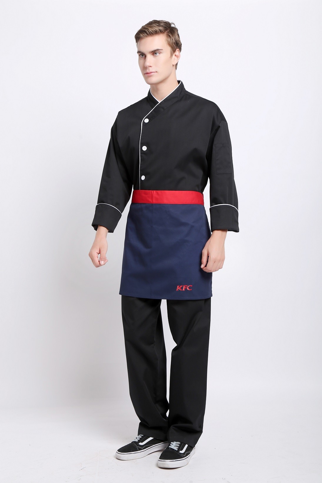 White Cutton White Edage Black Chef Suit